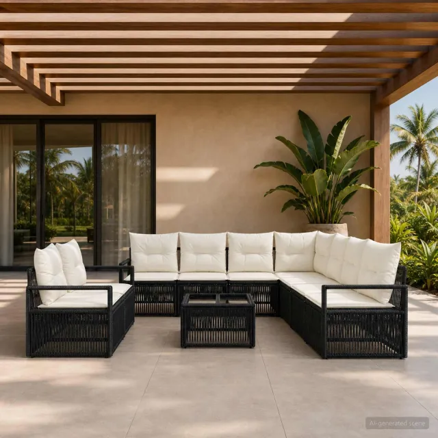 vidaXL Tuinbankenset 10 st Zwart poly rattan, foto 2