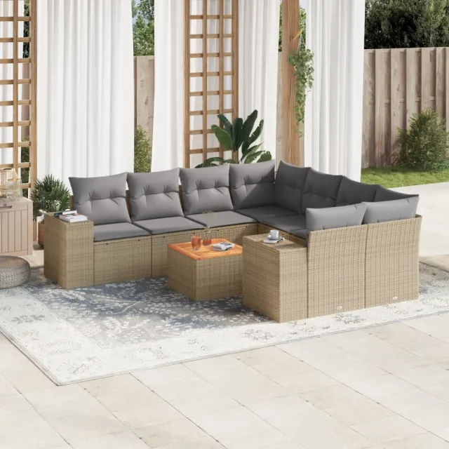 vidaXL 9-delige Loungeset met kussens poly rattan beige, foto 2