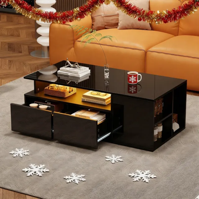 REDOM Salontafel 100 x 50 x 35 cm van spaanplaat zwart hoogglans, met LED (app), 2 lades, halboffen vakken