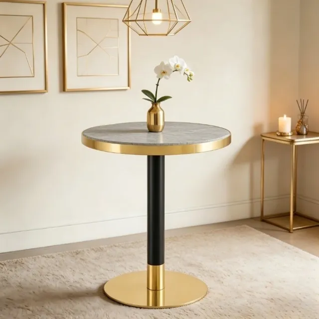 STILVORA Bijzettafel - Ronde Marmorlook Tafel Met Gouden Rand - Voor Woonkamer Slaapkamer Of Balkon - MDF En Metaal - 60x60x73,7 Cm - Grijs