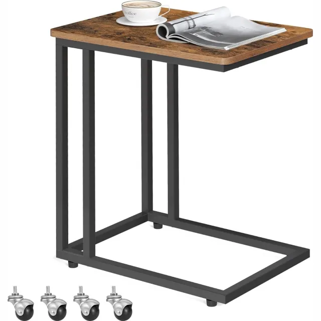 FurnStar Bijzettafel - Banktafel met Wieltjes - C-Vorm - Mobiele Koffietafel - 35 x 50 x 60 cm - Woonkamertafel met Metalen Frame - Voor Koffie en Laptop - Industrieel Design - Vintage