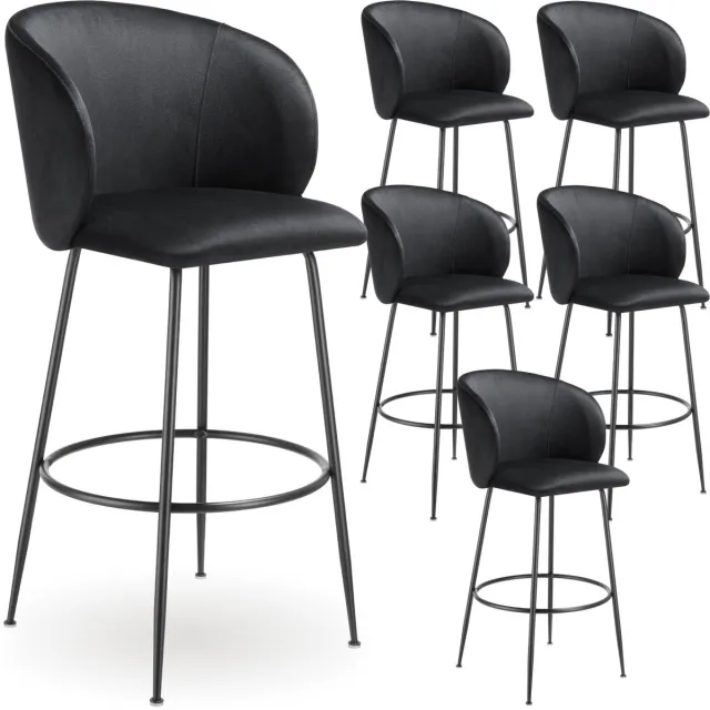 Tectake Set van 6 Barkrukken Luana - Gestoffeerde Barkruk met rugleuning - Barstoelen - Barstoel met voetensteun - Eetkamerstoel met fluwelen bekleding - Stevige stalen poten met antislip vloerbescherming - Zwart/zwart
