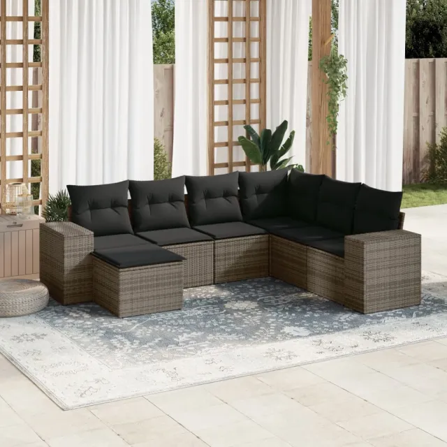 vidaXL 7-delige Loungeset met kussens poly rattan grijs, foto 2