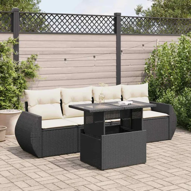 vidaXL 5-delige Loungeset met kussens poly rattan zwart, foto 2
