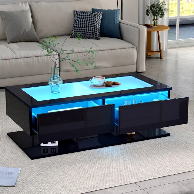 MIVRAY Salontafel - Hoogglans Met Led En 2 Laden - Voor Woonkamer - Spaanplaat En Gehard Glas - 100x50x35 Cm - Zwart