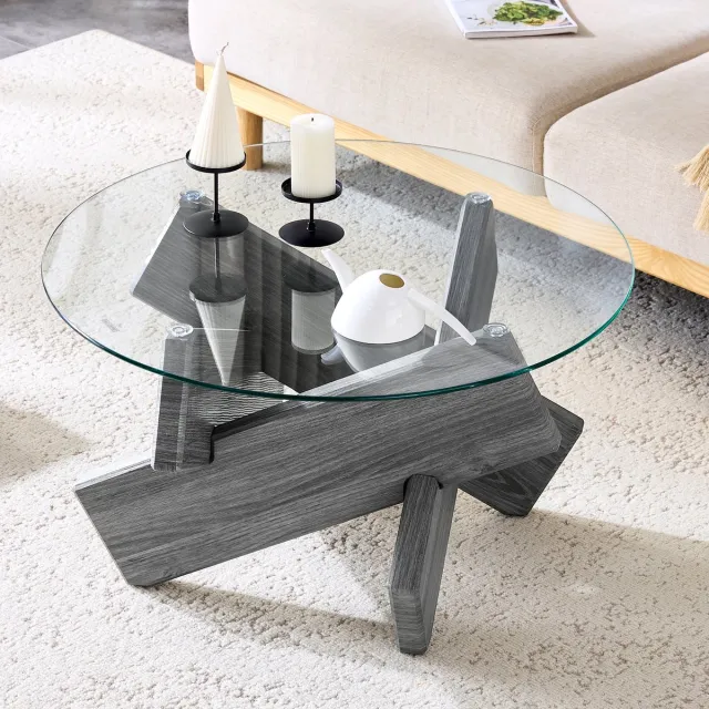 MIVRAY Salontafel - Rond Glazen Blad Met Kruisvoet - Voor Woonkamer En Leeshoek - MDF En Glas - 79 x 45 cm - Grijs