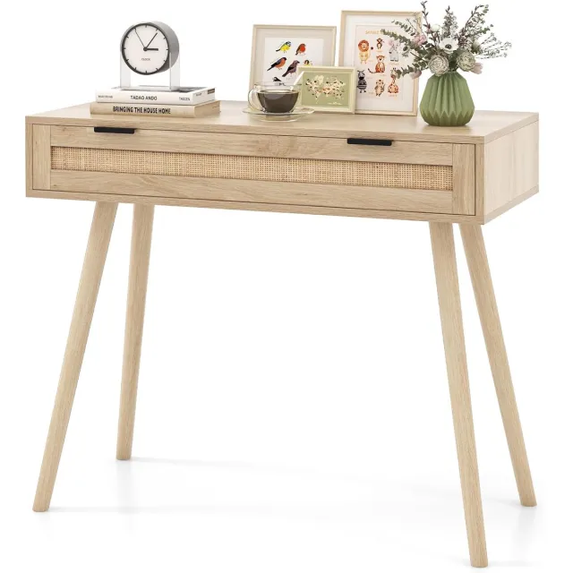 Costway Consoletafel rotan, entreetafel van hout met lade, gangtafel in boho-stijl, bijzettafel voor hal, woonkamer, 88 x 40 x 77 cm, naturel Natuur