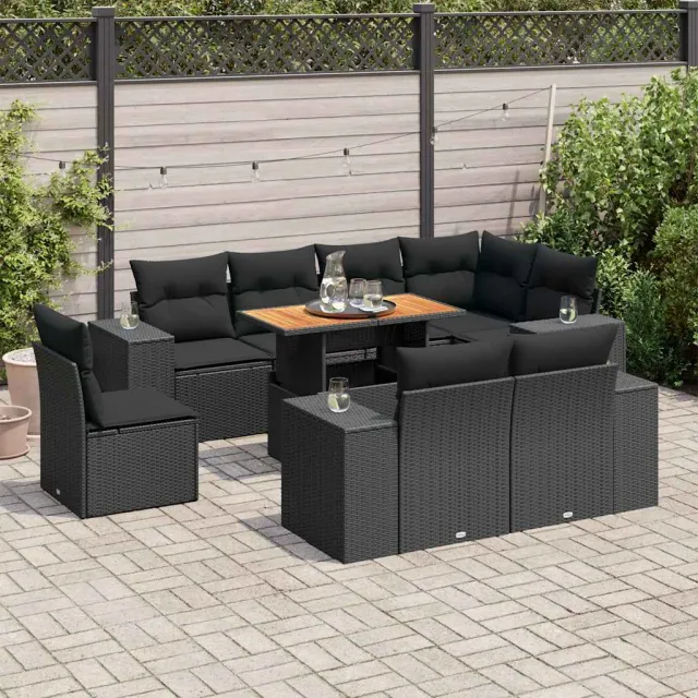 vidaXL 9-delige Loungeset met kussens poly rattan zwart, foto 2