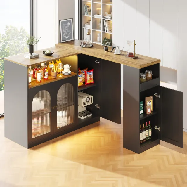 Maisentiel Bartafel met 360° draaibaar blad, opbergruimte en LED-verlichting - zwart/houtlook