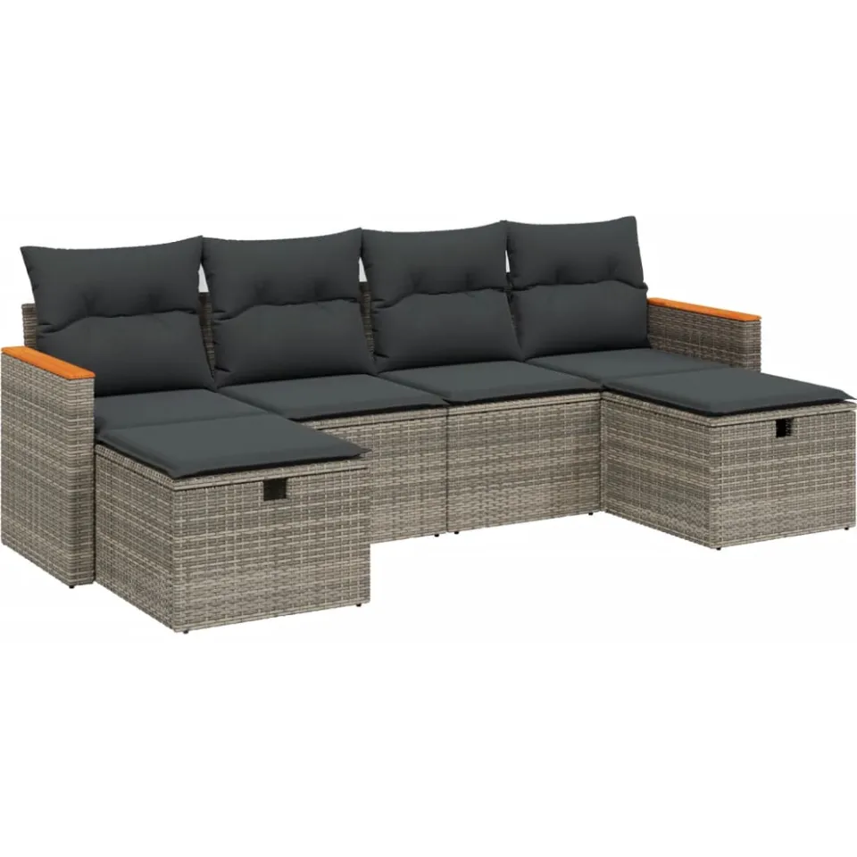 vidaXL 6-delige Loungeset met kussens poly rattan grijs, foto 3