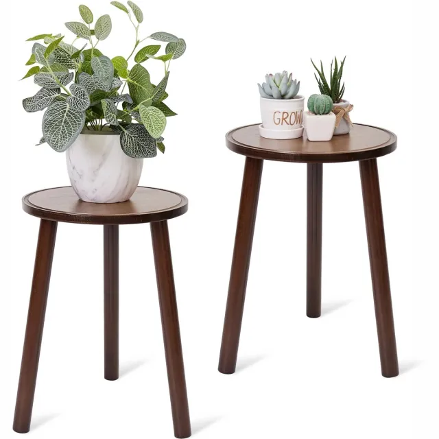 MensStore Bijzettafel Rond - Plantenstandaard - Plantentafel Rond - Set Van 2 - Massief Bamboe Hout - Donker Bruin - 30.5x42cm Chocolade