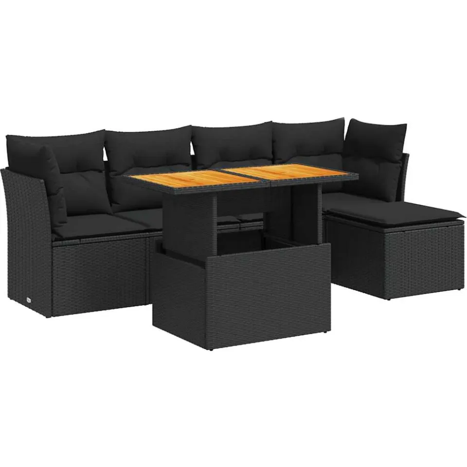 vidaXL 6-delige Loungeset met kussens poly rattan zwart, foto 3