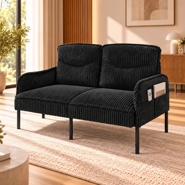 MIVRAY 2-Zitsbank 122 x 73 x 83 cm - Hoge Rugleuning en Zijvakken - Voor Woonkamer en Slaapkamer - Ribfluweel en Metaal - Zwart