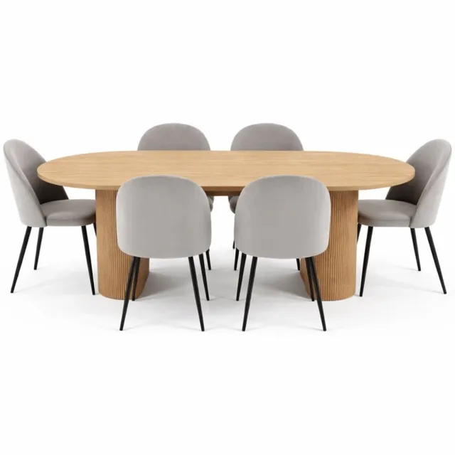 House Nordic Kyoto eethoek eettafel 100x210cm natuur, 6 stoelen velours grijze. Naturel