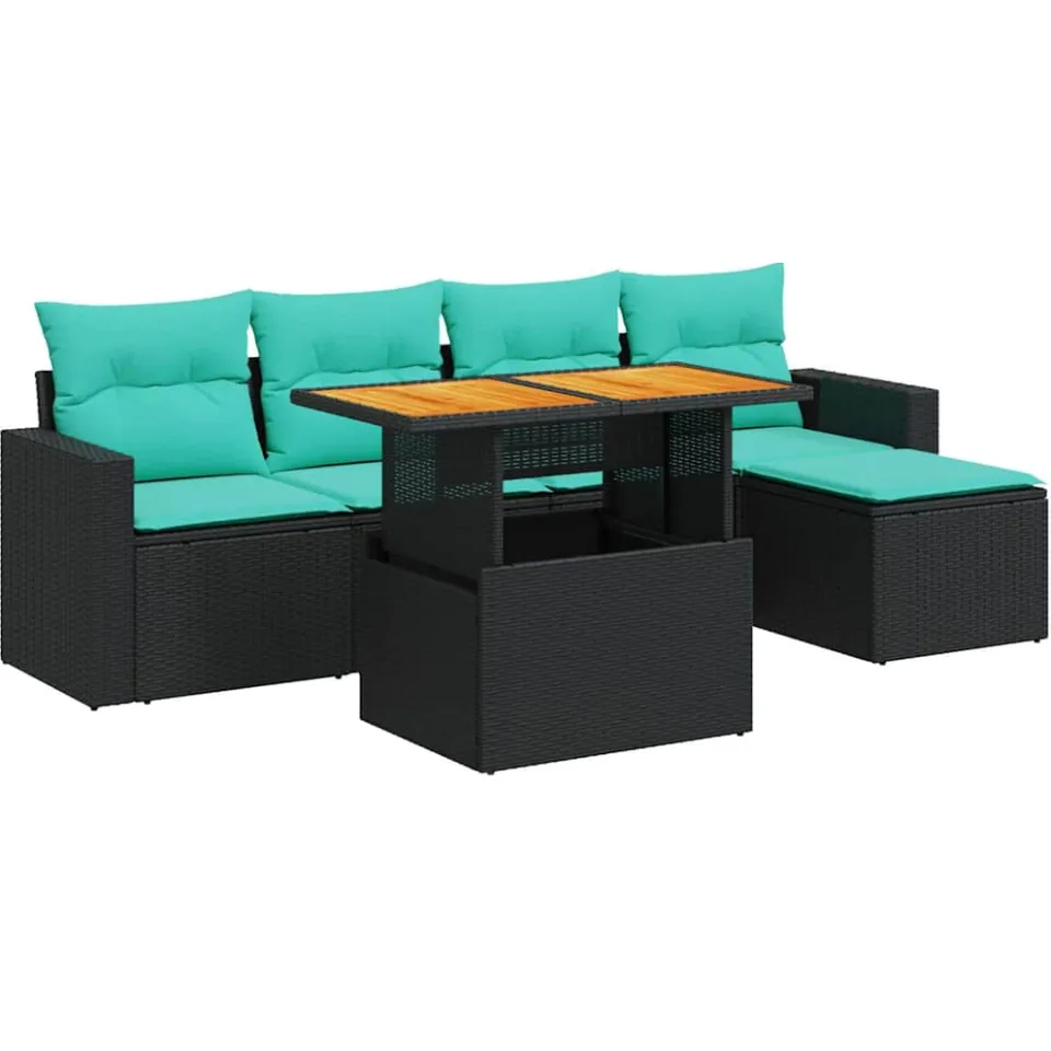 vidaXL 6-delige Loungeset met kussens poly rattan zwart, foto 3