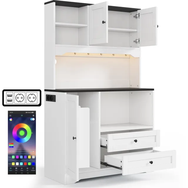Ropilly Hoge witte keukenkast - MDF opbergkast 163cm hoog met lades en planken - Ingebouwd stopcontact en LED - Voor eetkamer en keuken - 100x40x163 cm Wit