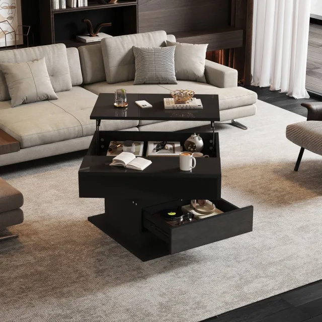 Clruro Salontafel - 70 x 70 x 45 cm - Geometrisch Ontwerp met 360° Draaibare Bovenkant - Verstelbare Hoogte met 1 Lade - Hoogglans - Zwart