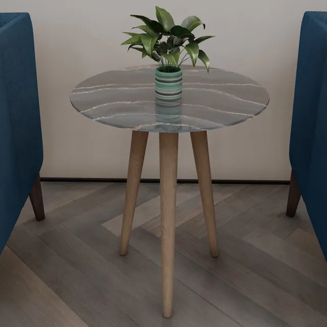 DECORITA Nesttafel / Bijzettafel | Houten Been| Gehard (onbreekbaar) glas|Marineblauwe zilverachtige marmerlook platte tafel|Diameter40cm