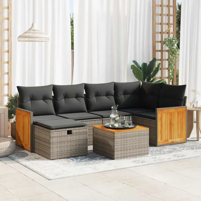 vidaXL 7-delige Loungeset met kussens poly rattan grijs, foto 2
