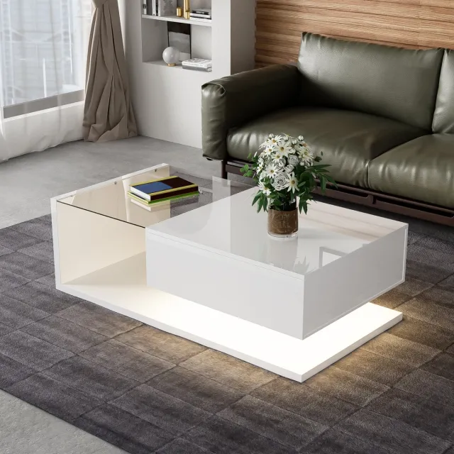 HAUSS SPOLE Salontafel - Wit Hoogglans Met Glasplaat En 16-Kleuren Led - Met Opbergvak Voor Woonkamer - Spaanplaat - 105x55x32,5 Cm