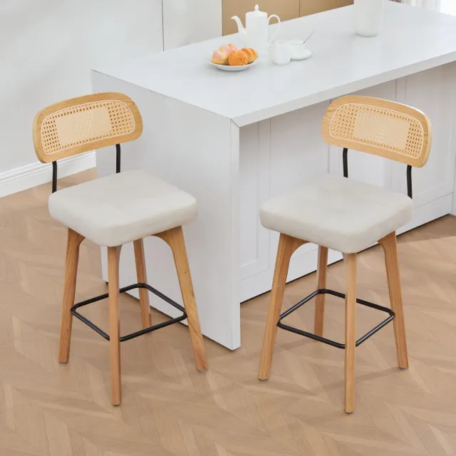 Wishdor Barkrukken set van 2 - 360° draaibaar met rugleuning - Gewatteerde chenille zitting en metalen voetensteun - Retro stijl voor kookeiland en ontbijtbar - Beige - 44 x 51 x 96 cm