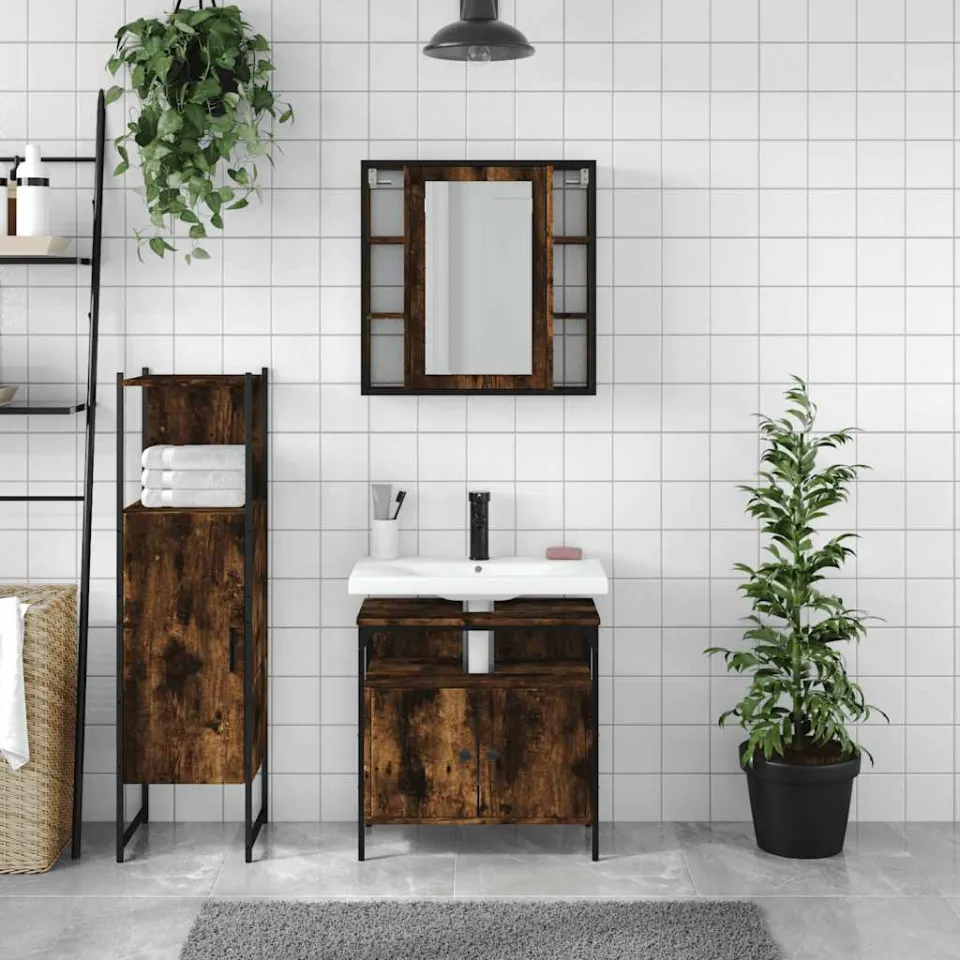 vidaXL 3-delige Badkamermeubelset bewerkt hout gerookt eikenkleurig, foto 2