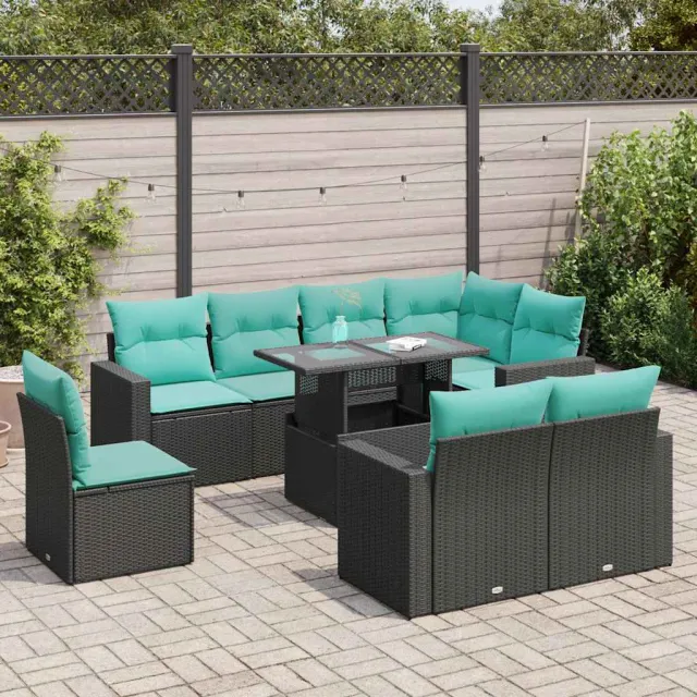 vidaXL 9-delige Loungeset met kussens poly rattan acacia zwart, foto 2