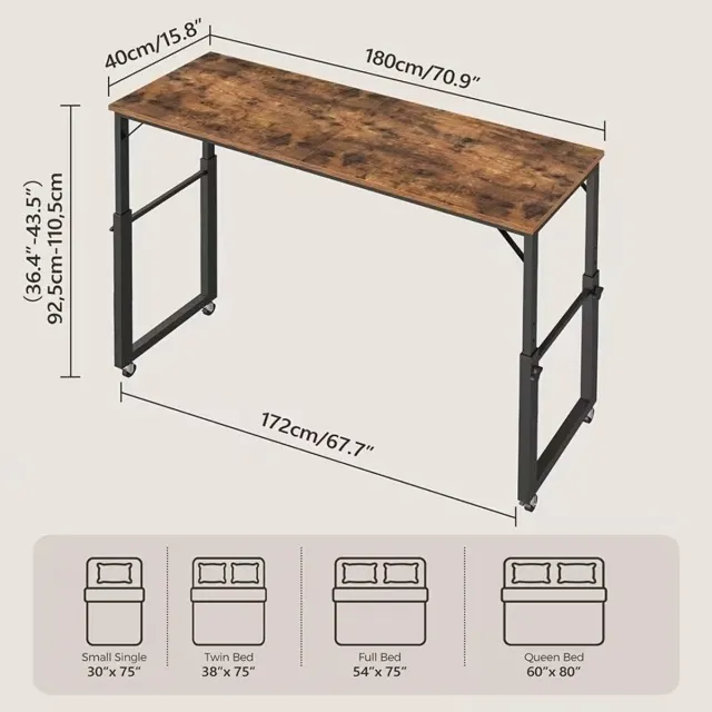 J.T.R Verstelbaar Nachtkastje voor Laptop, Mobiel Bijzettafel met Wielen, Vintage Bruin, Hoogteverstelling 92,5-110,5 cm.