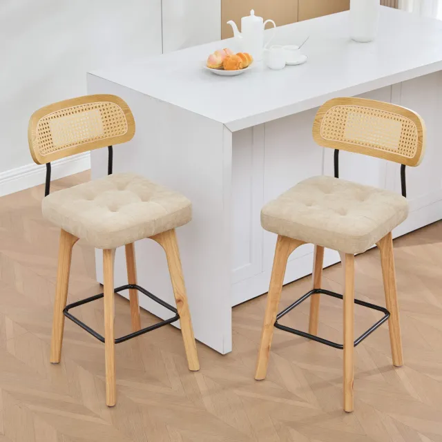 VVBV Barkrukken Set van 2 met Rugleuning 51x44x96 cm – Voetensteun, 360° Draaibaar, Houtlook, Mid-Century, Bohemian, Rotan, Gepolsterde Zitting Khaki
