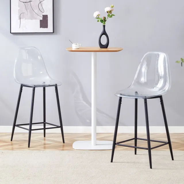OKWISH Barkruk Set Van 2 – Transparante Zitting Met Rugleuning En Voetsteun – Voor Keuken, Bar En Eetkamer – Kunststof En Metaal – Zwart