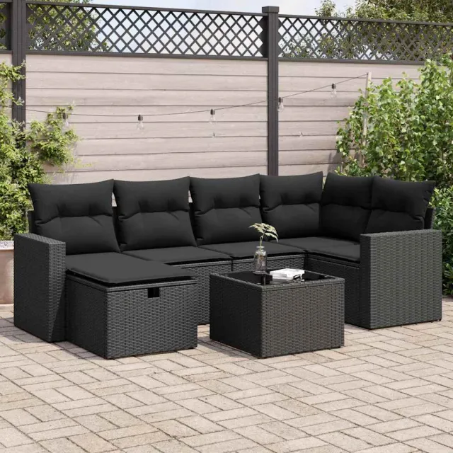 vidaXL 7-delige Loungeset met kussens poly rattan zwart, foto 2