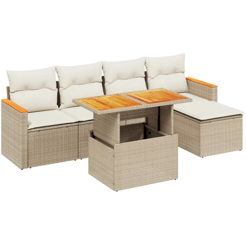 vidaXL 6-delige Loungeset met kussens poly rattan beige, foto 3