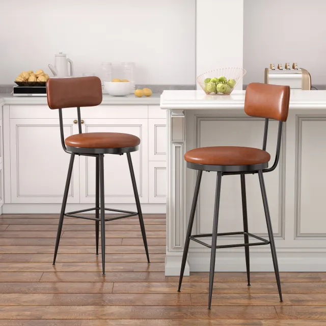 Yelenaro Barkruk Set van 2, Industriële Barkrukken met Rugleuning, PU Leren Zitting, Metaal Frame, Keukenstoelen voor Keukeneiland, Bar en Restaurant, Barstoelen Bruin
