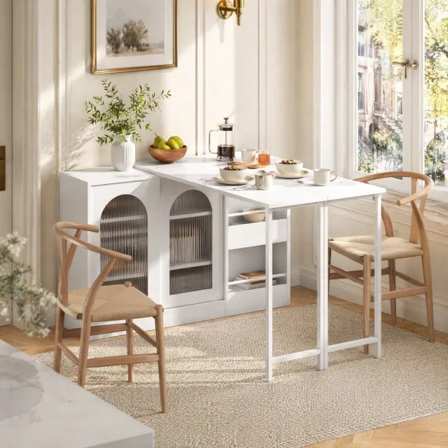 WUVRIE Bartafel 121,5 x 40 x 76,7 cm - Uitschuifbaar en 360° draaibaar met opbergruimte - Wit