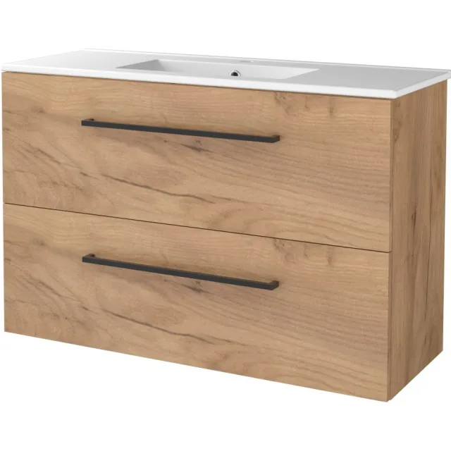 Boss & Wessing Badmeubelset BWS Salt 100x39cm Met Grepen 2 Lades Met Wastafel 1 Kraangat Whisky Oak Bruin