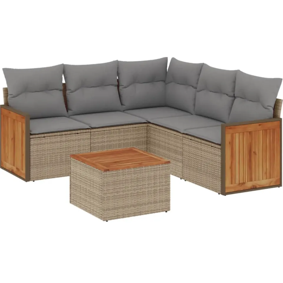 vidaXL 6-delige Loungeset met kussens poly rattan beige