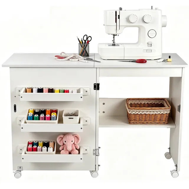 Creatorally 2-in-1 Opvouwbare Naaitafel - 120x40x79 cm - Naaikast met Wielen, Planken, Opbergvakken, Magnetische Deuren - Warmwit Naaimachinetafel - Houtkleur Diy - voor naaimachine