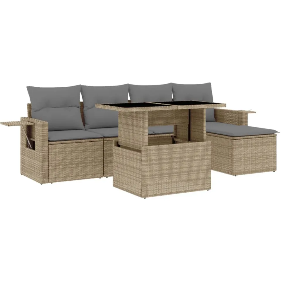 vidaXL 6-delige Loungeset met kussens poly rattan beige, foto 3