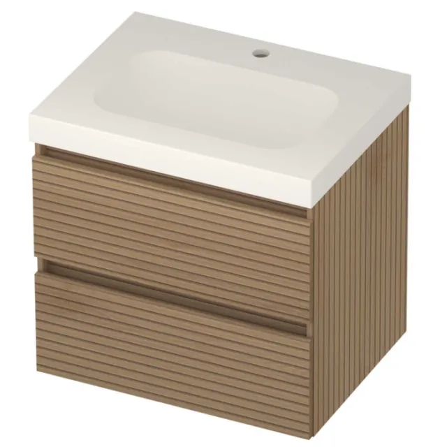 Basic-Line Moby 46 Badmeubelset Polystone 1 Kraangat Greeploos 60x46x58 cm Lamello Oak Mat Wit