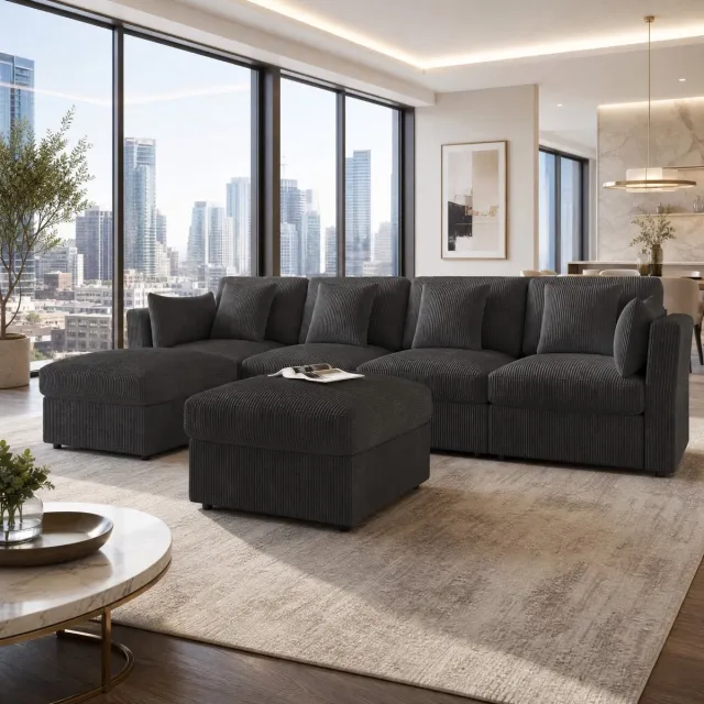 DESMIU U-Bank 290 Cm - Modulair Met Verstelbare Armleuningen En Verplaatsbare Hockers - 4 Tot 6 Zitplaatsen - Voor Woonkamer En Slaapkamer - Corduroy - Grijs