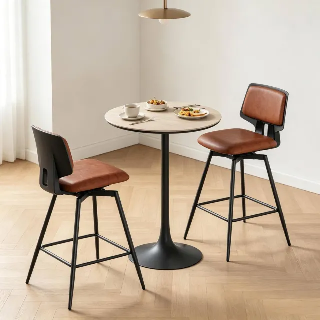 OKWISH Barkruk Set Van 2 – Draaibaar 360 Graden Met Rugleuning En Voetsteun – Voor Keuken, Bar En Eetruimte – Kunstleer En Metaal – Bruin
