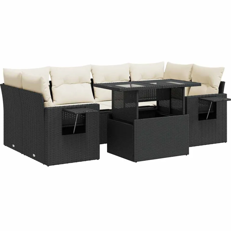 vidaXL 7-delige Loungeset met kussens poly rattan zwart, foto 3
