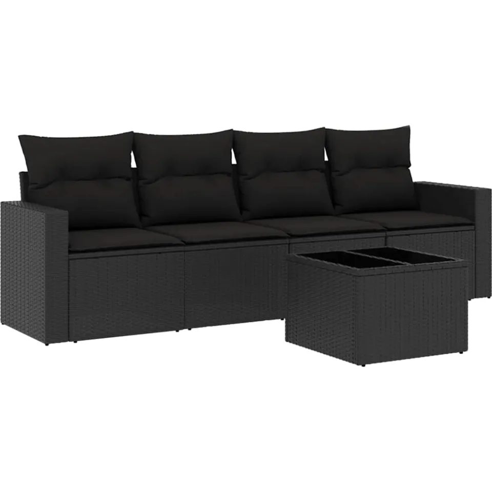 vidaXL 5-delige Loungeset met kussens poly rattan zwart, foto 4