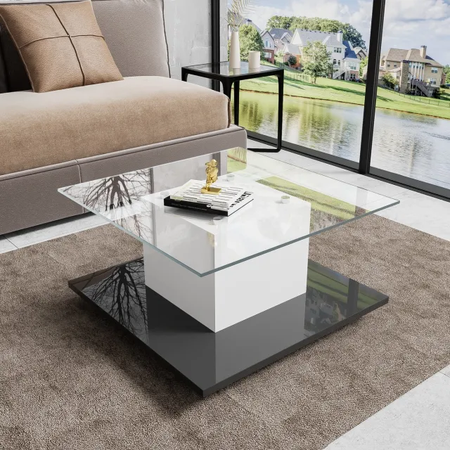 HAUSS SPOLE Salontafel - Met Gehard Glazen Blad, Ledverlichting En Wielen - Voor Woonkamer - Hoogglans Wit Zwart - 80x80x40 Cm