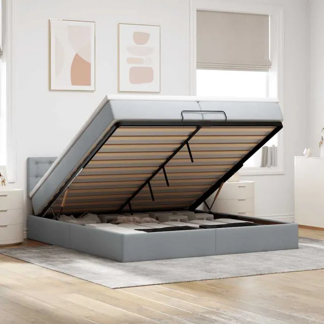 vidaXL Ottoman bed met matras 200x200 cm stof lichtgrijs grijs