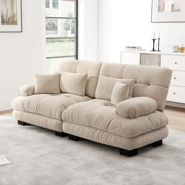 MODENUIT Hoekbank 220 x 81 x 77 cm - Met 2 Lendenkussens En 2 Decoratiekussens - Chenille - Lichtbruin Light Coffee