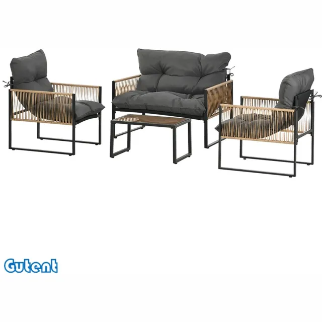 Gutent Tuinmeubelset - 4-Delig - 2 Stoelen - Tafel met Glazen Bovenblad - Metalen Frame - Poly Rotan - Antraciet Grijs Smoke grijs, Bruin