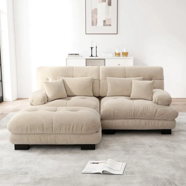 in& out door furniture Cloud Ecksofa voor woonkamer, Chenille hoekbank met 2 lendenkussens en 2 decoratieve kussens, gepolst bank met brede armleuningen en ottomane, Chenille lichtbruin lichtburin