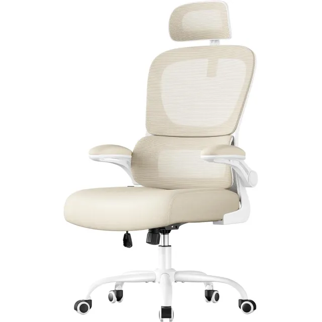FurnStar Ergonomische Bureaustoel – Netstoel met Dubbellaags Mesh – Verstelbare Hoofdsteun & Adaptieve Lendensteun – Ademend – Beige