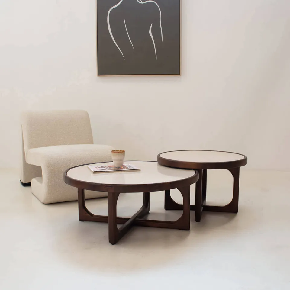 Giga Meubel Salontafel Ayase Rond - Marmer/Hout - Donkerbruin - Set van 2, foto 4